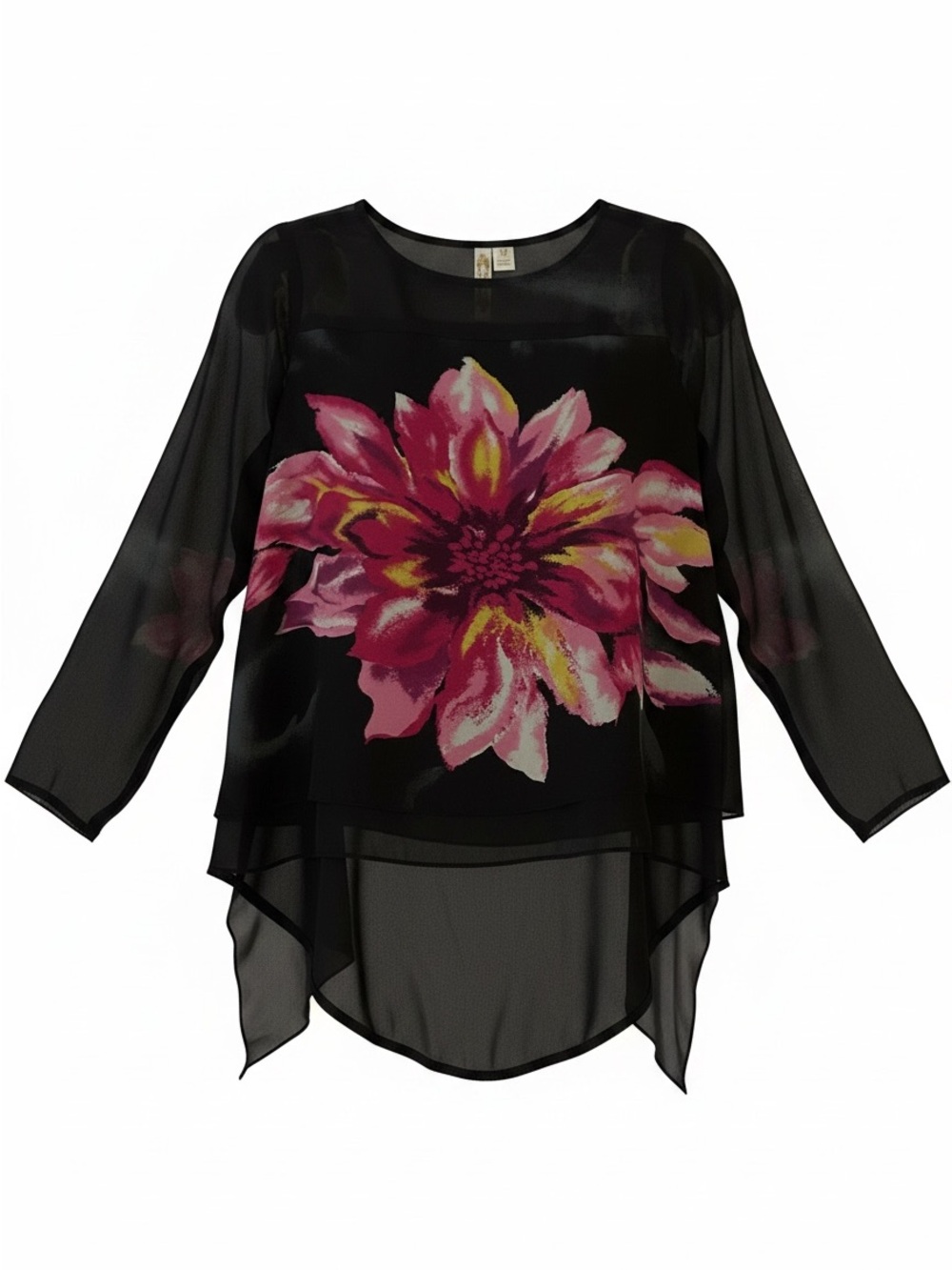 Adiva Black Sheer Tunic with Pink & Yellow Floral Print